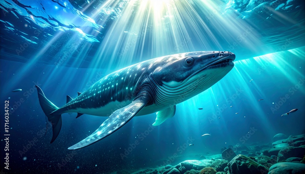 Fototapeta premium Majestic Whale Swimming Underwater with Sun Rays
