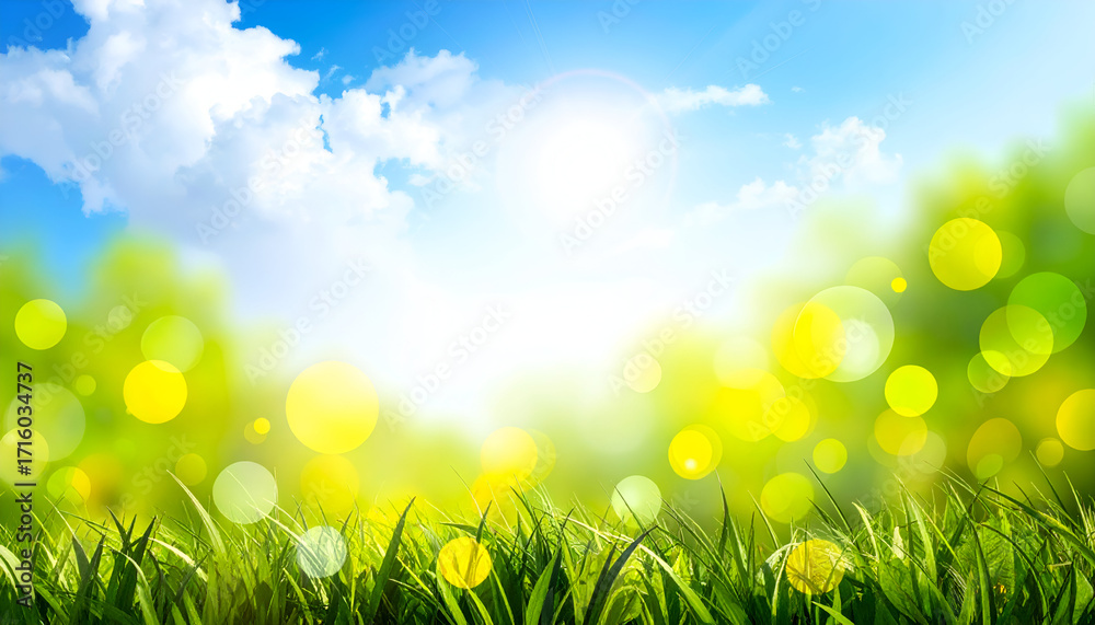 Fototapeta premium Dreamy spring bokeh background in vibrant green, blue, and yellow tones.