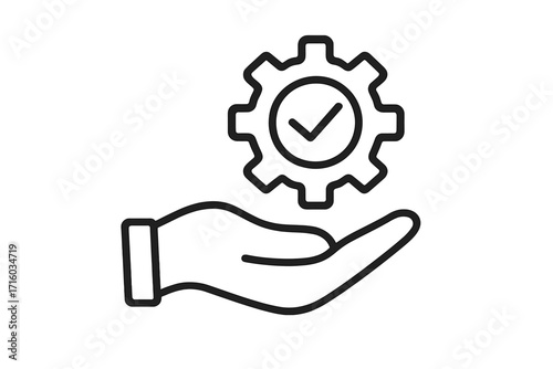 Hand holding gear with check mark. Quality control, assurance and approval icon. Technical support, service and solution concept. Process management and settings symbol.