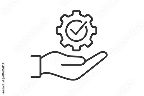 Hand holding gear with check mark. Quality control, assurance, management. Complete approved process. Technical support service. Technology solution, development vector icon.