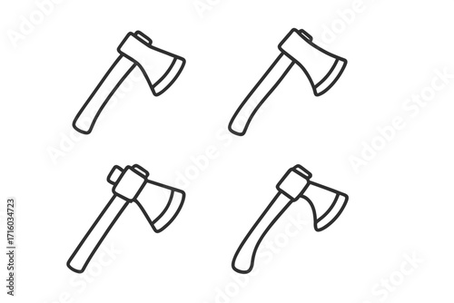 Axe line icon set. Minimalistic linear pictogram bundle for web and graphic design. Vector cartoon illustration of a lumberjack tool, hatchet, and weapon symbol for apps.