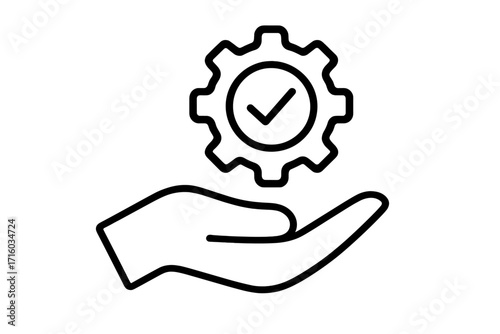 Hand holding gear with checkmark icon. Concept for quality control, service management, process improvement, successful project implementation, and technical support. Vector.
