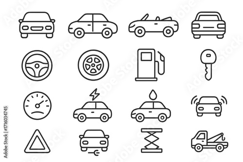 Car service thin line icons. Automotive transport and vehicle symbol set. Includes electric car, tow truck, gas station, repair, driving, dashboard, steering wheel and key. Editable stroke.