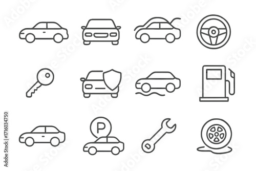 Car service and driving thin line icon set. Auto transport pictograms. Vehicle repair, gas station, parking, insurance, flat tire, steering wheel. Editable stroke vector.