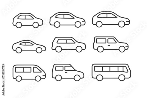 Car line icon set. Collection of simple isolated vehicle outline symbols. Various transport types like sedan, suv, van and bus. Minimalist vector design with editable stroke.