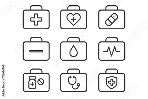 First aid kit medical and healthcare line icon set. Doctor bag, emergency case with heart, pulse, pills, stethoscope. Editable stroke vector for web, apps, ui, ux design.