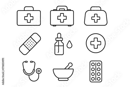 Medical healthcare pharmacy line icon set. First aid kit, pills, stethoscope, plaster. Medicine symbols for web, apps, ui. Editable stroke vector pictogram collection.