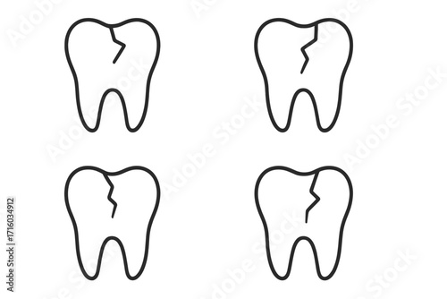 Cracked tooth icon set. Dental problem simple outline graphic. Broken molar, toothache, decay concept. Dentistry and oral hygiene linear vector illustration. Editable stroke.