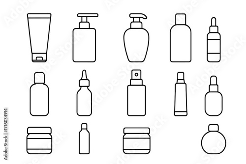Cosmetic bottle outline icon set. Skincare and beauty product container collection. Simple linear vector illustration of shampoo, cream, lotion, serum, and spray bottles.