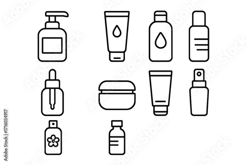 Cosmetic bottle line icon set. Skincare packaging collection. Beauty product container outline symbols. Vector lotion pump, cream tube, serum dropper, spray bottle icons.