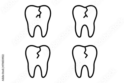 Cracked tooth line icon set. Broken tooth, dental problem, toothache concept. Simple outline vector illustration for dentistry, oral care, and health. Editable stroke.