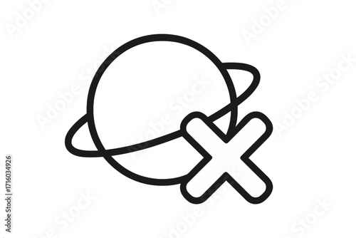 No internet connection icon with planet and cross mark. Offline error symbol. Cancelled space travel. Minimalistic linear pictogram for web, app, UI, UX graphic design.