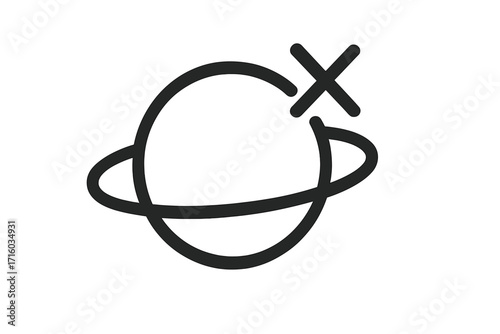 No internet connection planet icon. Offline error, page not found symbol. Minimal linear pictogram. Canceled space travel, end of world, or deleted planet concept. Cross mark.