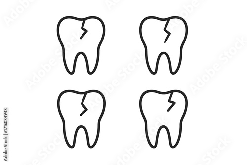 Cracked tooth line icon set. Dental problem, toothache and decay concept. Broken tooth, sensitive teeth, oral hygiene and health care. Vector outline simple illustration.