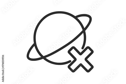 No internet connection icon. Planet with cross mark. Offline, no signal, error, access denied, connection lost symbol. Minimal linear pictogram for web, apps, ui, ux design.