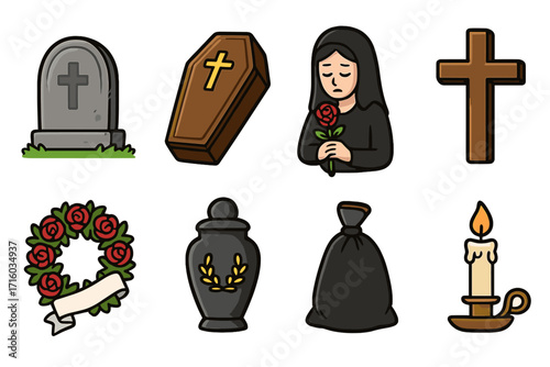 Funeral icon set vector illustration. Death and mourning symbols collection. Gravestone, coffin, grieving widow, cross, urn, and memorial wreath for rest in peace concepts.