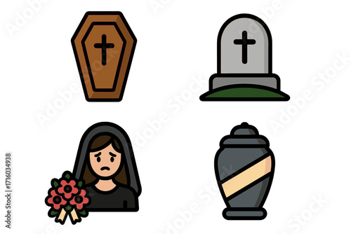 Funeral and death icon set. Vector illustration of coffin, tombstone, grieving widow, and cremation urn. Mourning, burial, and cemetery concepts for memorial ceremony.