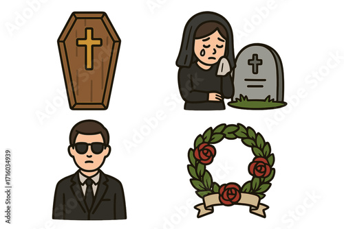 Funeral and mourning icon set. Vector cartoon illustration of death, grief, and loss. Includes coffin, crying widow, gravestone, sad man, and memorial wreath for burial ceremony.