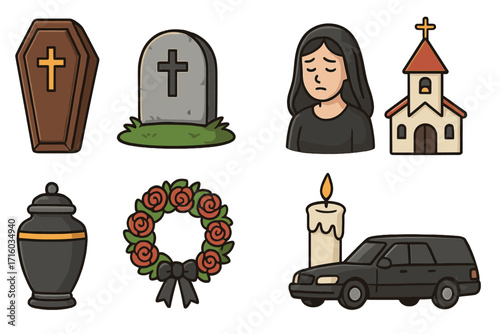 Funeral and mourning color icon set. Death ceremony, grief and burial ritual symbols. Vector illustration of a coffin, grave, tombstone, urn, hearse, sad widow and church.