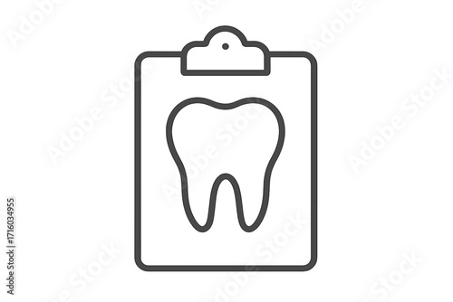 Dental record icon. Dentistry clipboard with tooth. Dental health report pictogram. Oral hygiene check-up and diagnosis. Stomatology treatment plan concept. Line art vector.