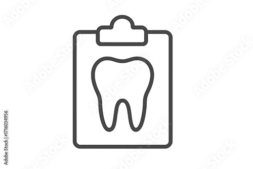 Dental record icon. Tooth on clipboard symbol. Dentistry medical history report. Dental health care checkup pictogram. Linear vector illustration for web, apps, design.