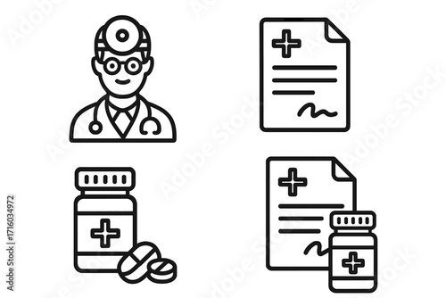 Doctor and prescription icon pack. Medical line icons with physician, medication, pills, rx form. Healthcare and pharmacy vector symbols for clinic, hospital, web, app.