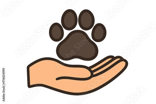 Dog paw and human hand icon. Symbol of friendship, love, care, trust, and support for animals. Pet adoption, rescue, and veterinary concept. Vector cartoon illustration.