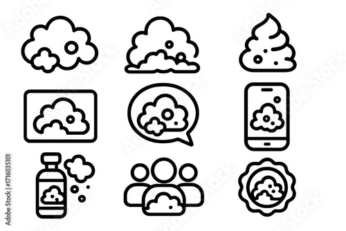 Foam soap suds icon set. Lather bubbles line art collection for cleaning, hygiene, cosmetic products. Vector outline symbols for UI design, app, web. Bubble wash illustration.