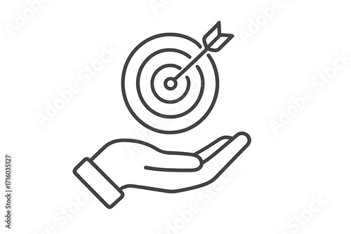 Hand holding target with arrow hitting the bullseye. Concept for business goal, objective, success, achievement, and strategy. Minimalist outline icon for marketing and focus.