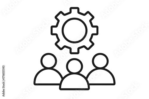 Teamwork collaboration icon with gear. Business management, workforce organization, project development concept. Leadership, personnel, and human resources symbol.