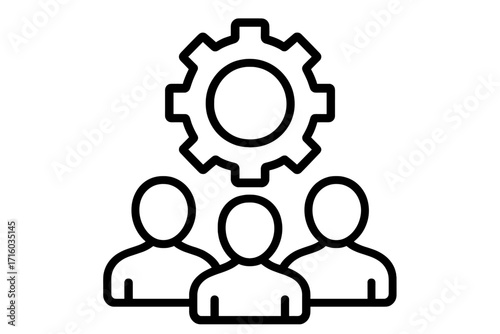Teamwork management icon. Business collaboration, human resources, workflow process. People group with gear symbol for leadership, organization, development and engineering.