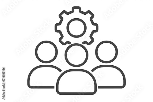 Teamwork management with gear over group icon. Technical support team symbol. User group settings. Business collaboration, development and operations vector line illustration.
