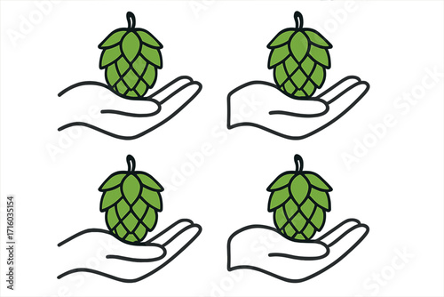 Hand holding hop cone icon set. Vector logo for craft beer, brewing, and brewery. Raw material and ingredient for ale. Agriculture harvest symbol. Linear outline illustration.