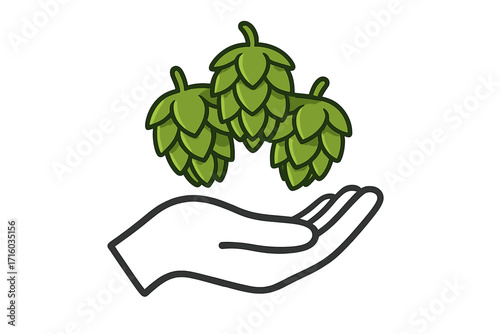 Hand holding fresh green hops cone vector icon. Beer brewing ingredient concept. Craft beer, brewery logo symbol. Agriculture, harvest and natural beer product illustration.