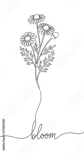 Illustration of a bouquet of flowers with the word bloom artistically integrated in a minimalistic design