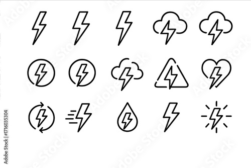 Lightning bolt and thunder icon collection. Simple line vector set for energy and power concepts. Editable stroke electricity, storm, and danger symbols for web or apps.