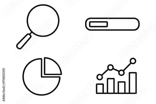 Business data analytics outline icon set. Vector collection with search magnifying glass, progress bar, pie chart, and statistics graph. For UI, market research, web, apps.