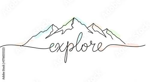 Minimalist mountain illustration with the word "explore" in flowing script