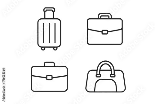 Travel bag and luggage line icon set. Business trip and vacation concept. Vector pictograms including suitcase, briefcase, portfolio, duffel bag for web, apps, ui, ux design.