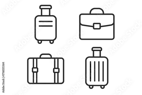 Travel luggage line icon set. Includes suitcase, briefcase, and baggage symbols. Vector outline pictogram for business trip, journey, vacation, tourism, and web design.
