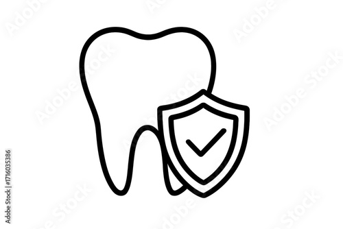 Tooth protection line icon. Dental care and insurance concept. Tooth with shield and checkmark symbol. Oral hygiene and health. Vector illustration for web, logo, app.