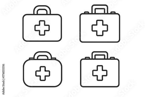 First aid kit line icon set. Medical bag, doctor suitcase, and emergency case thin line icons. Healthcare, medicine, and pharmacy concept vector symbols for web or apps.