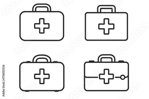 Medical suitcase and first aid kit thin line icon set. Doctor bag vector collection. Emergency healthcare case with cross symbol. Medicine graphic sign for web and app.