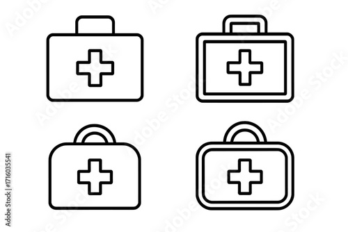 Medical suitcase line icon set. First aid kit collection. Emergency bag symbol. Doctor case graphic. Health care sign. Hospital help concept. Medicine cross pictogram. Vector.