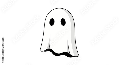 A simple and cute cartoon ghost character, depicted as a white sheet with black eyes, isolated on a plain background.
