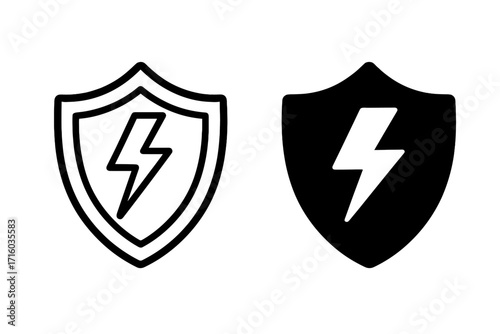 Shield with lightning icon. Power protection, energy security concept. Electric voltage, charge safety symbol. Antivirus, secure, defence, guard pictogram for apps. Vector logo.