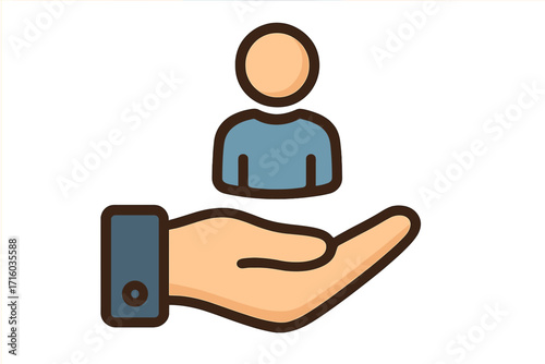 Customer care icon. Employee protection and support symbol. Human resources management concept. Hand holding person pictogram for web, apps. Business service vector illustration.