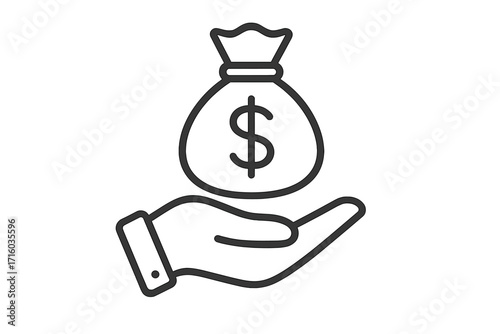Money bag in hand outline vector icon. Symbol of cash payment, salary, credit, and donation. Metaphor for income, savings, funding, investment, profit, and financial success.