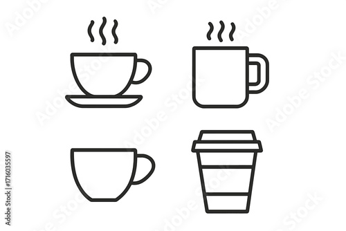 Coffee and tea cup line icon set. Hot drink, beverage outline signs for web and graphic design. Mug, cappuccino, espresso, latte symbols for cafe menu, apps, and logo. Vector.