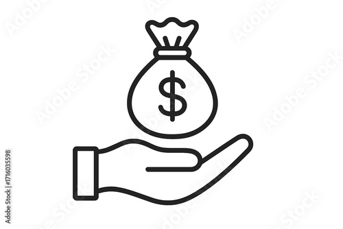 Hand holding money bag line icon. Concept of payment, savings, investment, salary, loan or credit. Financial symbol for profit, income, funding. Donation or bribe vector.